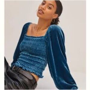Anthropologie Teal Velvet Puff Sleeve Blouse
